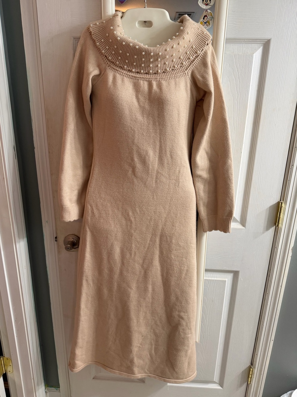 Able Pearl-Embellished Knit Sweater Dress in Light Beige Size medium